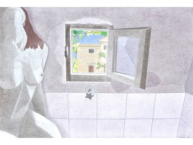 Umberto - naakt in badkamer - kleurpotloodtekening - 1995 - afbeelding 1 van  11
