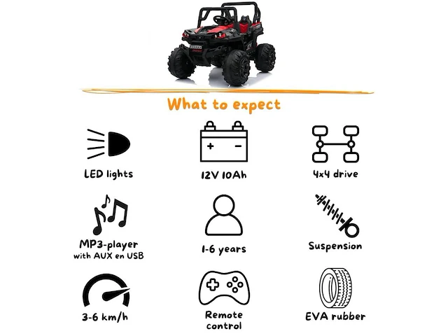 Utv 4x4 elektrische kinderauto 12v - 1 tot 6 jaar - rubberen banden - rood (nieuw) - afbeelding 5 van  7