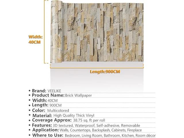 Veelike baksteeneffect behang 40 cm x 900 cm, 2 stuks - afbeelding 4 van  4