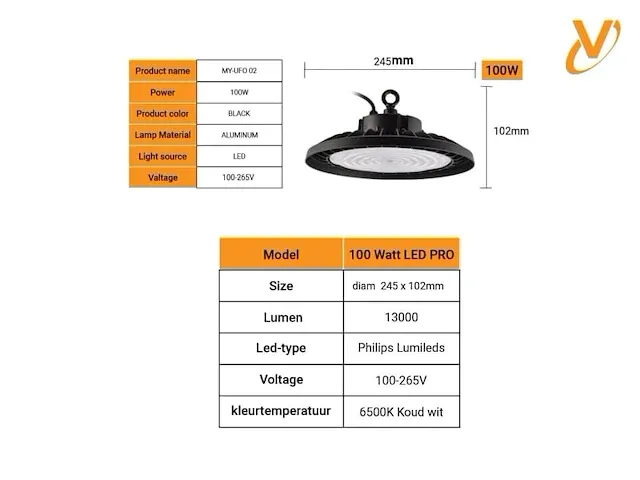 Venus 20x highbay ufo 100w lumileds philips smd waterdicht 6500k - afbeelding 2 van  5