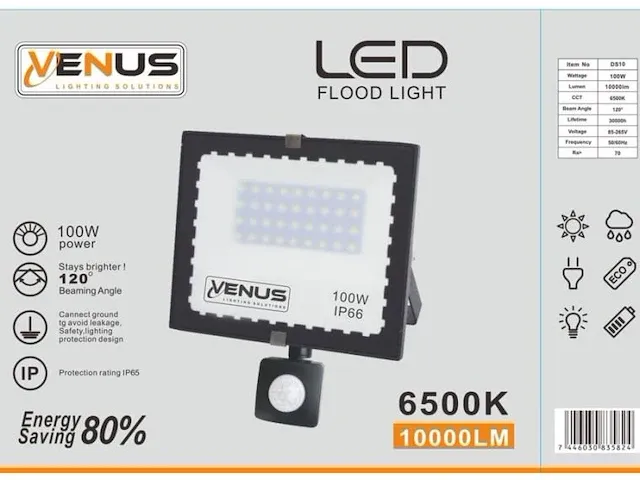 Venus 30x schijnwerper 100w led met sensor - ip66 waterdicht 6500k koud wit - afbeelding 2 van  3