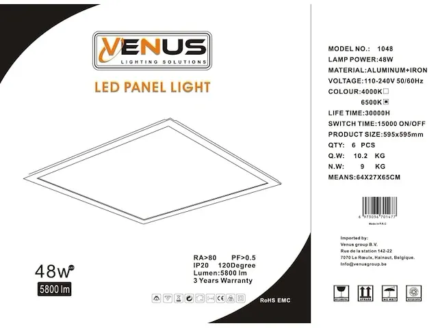 Venus 60x panelen 48w led 60x60 cm 4000k neutraal wit super eco - afbeelding 4 van  5