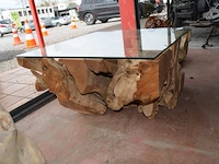 Vierkantige salontafel 80x80 glazen blad houten voet - afbeelding 4 van  6