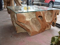 Vierkantige salontafel 80x80 glazen blad houten voet - afbeelding 5 van  6