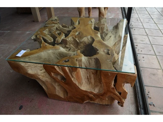 Vierkantige salontafel 80x80 glazen blad houten voet - afbeelding 6 van  6