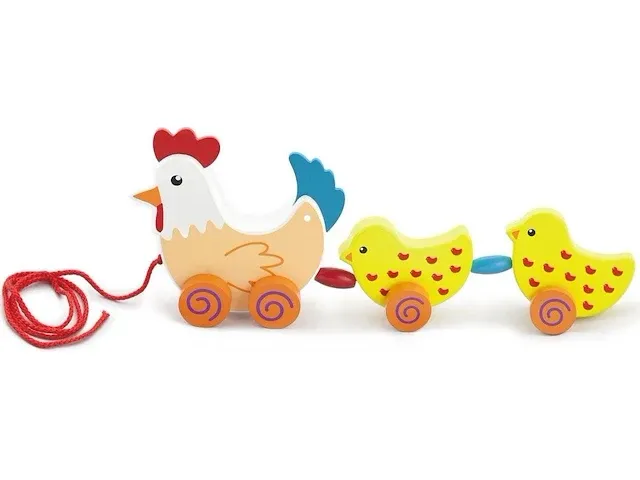 Viga toys - loop en trekfiguur - kip met kuikens - afbeelding 1 van  4