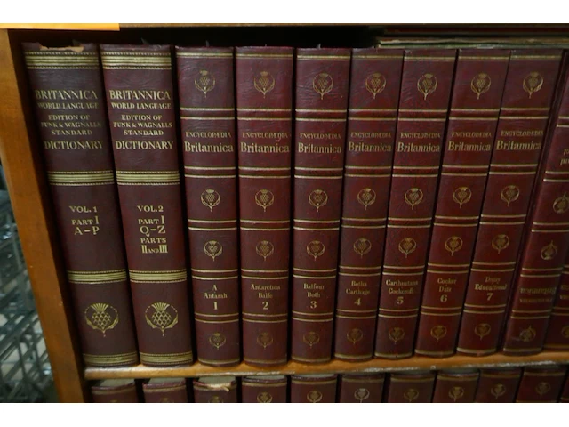 Vintage houten boekenkast met reeks oude encyclopedia's - afbeelding 3 van  3