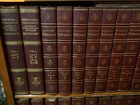 Vintage houten boekenkast met reeks oude encyclopedia's - afbeelding 3 van  3