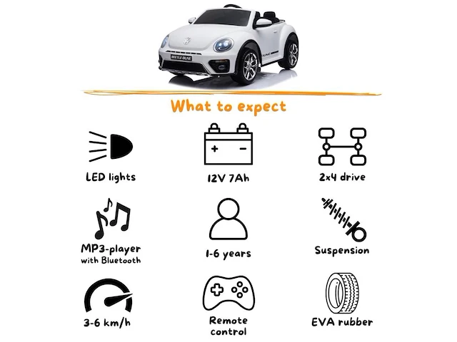 Volkswagen beetle xl elektrische kinderauto 12v - 1 tot 5 jaar - wit (nieuw) - afbeelding 7 van  7