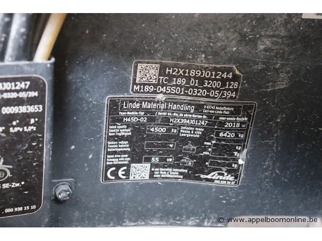 Vorkheftruck linde h45d-02, bj 2018, cap 4500kg, serienummer h2x394j01247, 10115 uren - afbeelding 7 van  7