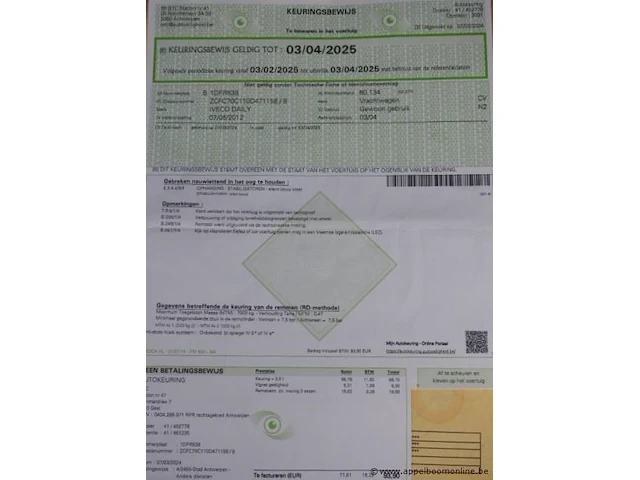 Vrachtwagen iveco daily 70c17v, diesel, 2998cm³,125kw, 1e inschr 07/5/12, zcfc70c110d471158, 63299km, co²-uitstoot ng,euro5,kentekenbewijs,gelijkvormigheidsattest, keuring tot 03/04/25, 2sleutels - afbeelding 10 van  24