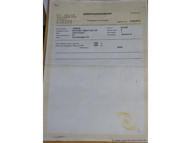 Vrachtwagen iveco daily 70c17v, diesel, 2998cm³,125kw, 1e inschr 07/5/12, zcfc70c110d471158, 63299km, co²-uitstoot ng,euro5,kentekenbewijs,gelijkvormigheidsattest, keuring tot 03/04/25, 2sleutels - afbeelding 11 van  24