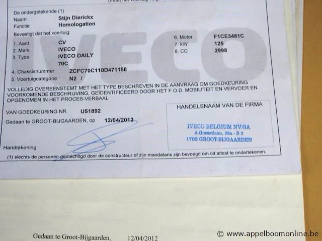 Vrachtwagen iveco daily 70c17v, diesel, 2998cm³,125kw, 1e inschr 07/5/12, zcfc70c110d471158, 63299km, co²-uitstoot ng,euro5,kentekenbewijs,gelijkvormigheidsattest, keuring tot 03/04/25, 2sleutels - afbeelding 15 van  24