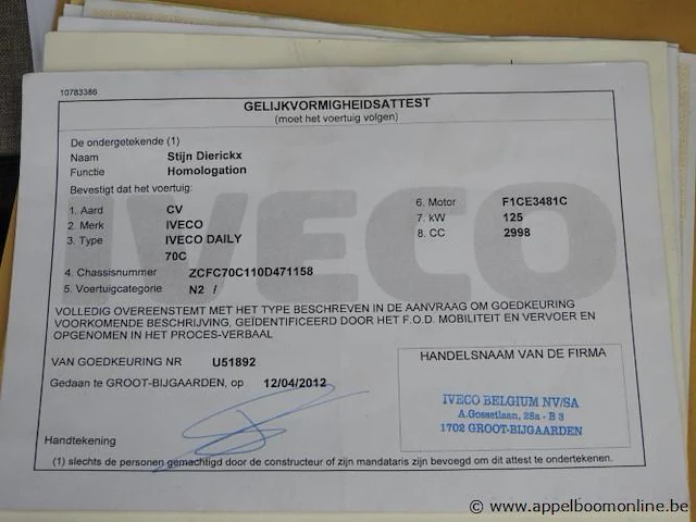 Vrachtwagen iveco daily 70c17v, diesel, 2998cm³,125kw, 1e inschr 07/5/12, zcfc70c110d471158, 63299km, co²-uitstoot ng,euro5,kentekenbewijs,gelijkvormigheidsattest, keuring tot 03/04/25, 2sleutels - afbeelding 16 van  24