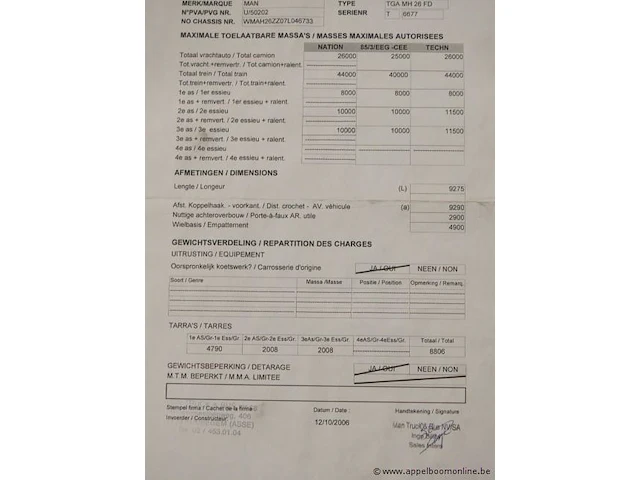 Vrachtwagen/hoogtewerker man tga 26.350,diesel,10520cm³,257kw,1e inschr 31/12/07,wmah26zz07l046733,76607km,co²-uitstoot ng,euro3,kenteken i+ii,gelijkvormigheidsattest, keuring na, 3sleutels - afbeelding 15 van  24
