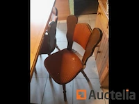Vuren tafel op smeedijzeren poten, 6 houten stoffen stoelen - afbeelding 2 van  6