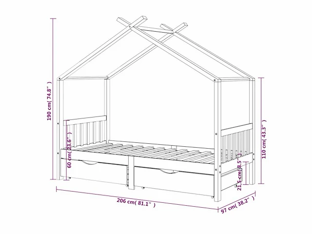 Wieg frame met lades donkergrijs grenen 90x200 cm - levering enkel in belgië - afbeelding 6 van  6