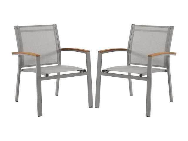 (x8) stapelbare tuinstoelen van aluminium en textileen - taupe en acacia armleuningen - afbeelding 2 van  9