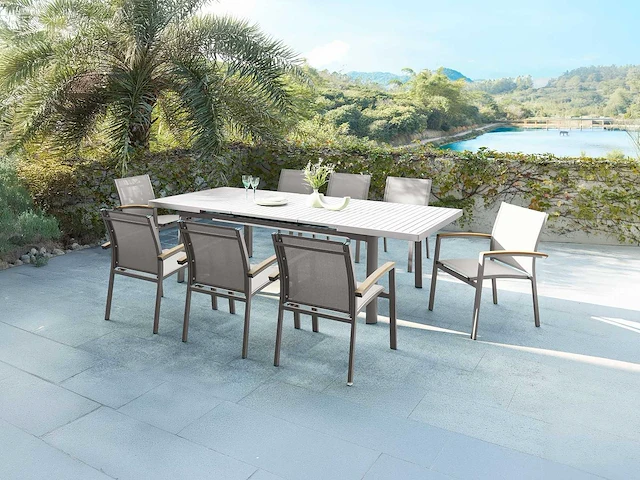 (x8) stapelbare tuinstoelen van aluminium en textileen - taupe en acacia armleuningen - afbeelding 3 van  9