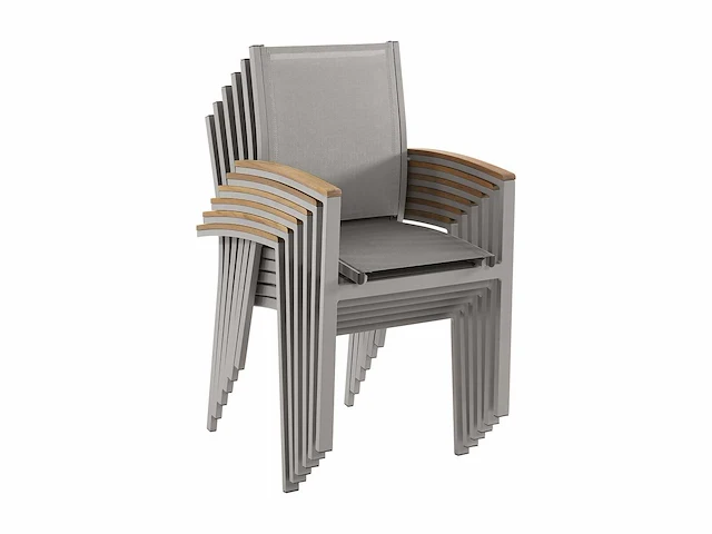 (x8) stapelbare tuinstoelen van aluminium en textileen - taupe en acacia armleuningen - afbeelding 7 van  9
