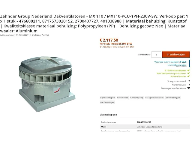 Zehnder - mx110 + ws - 476600011 - dakventilator - afbeelding 1 van  5