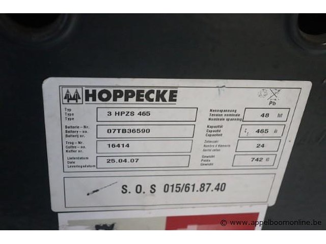 Zijlader hoppecke 3 hpzs 465, bj 2007, cap 465kg - afbeelding 3 van  3