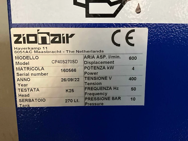 Zionair - 2022 - luchtcompressor geluidsgedempt 270l 11 bar 4kw 400v - afbeelding 10 van  10