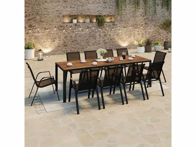 Zwarte en houten tuinmeubelen - tafel 240 cm met 10 stapelbare stoelen - afbeelding 2 van  7
