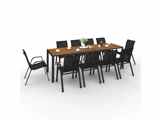 Zwarte en houten tuinmeubelen - tafel 240 cm met 10 stapelbare stoelen - afbeelding 3 van  7