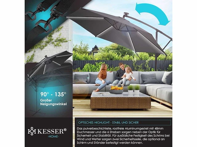 Zweefparasol met led en voet 300 cm x 300 cm - afbeelding 2 van  8