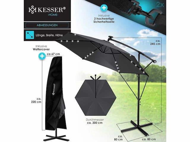 Zweefparasol met led en voet 300 cm x 300 cm - afbeelding 4 van  8