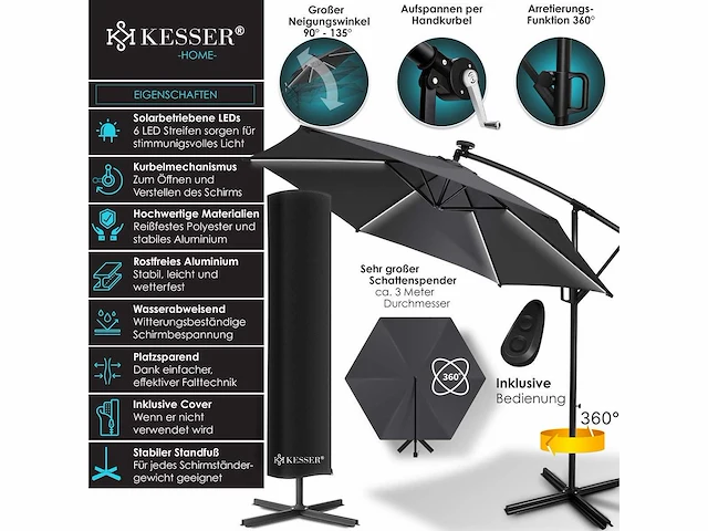 Zweefparasol met led en voet 300 cm x 300 cm - afbeelding 6 van  8