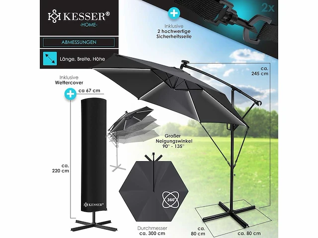 Zweefparasol met led en voet 300 cm x 300 cm - afbeelding 8 van  8