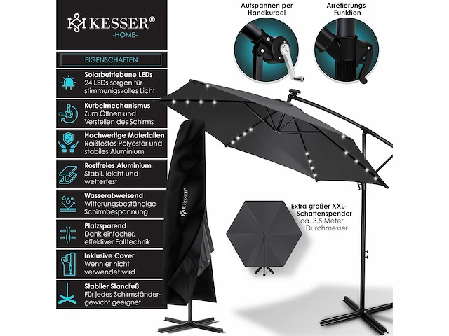 Zweefparasol met led en voet 350 cm x 350 cm - afbeelding 2 van  6