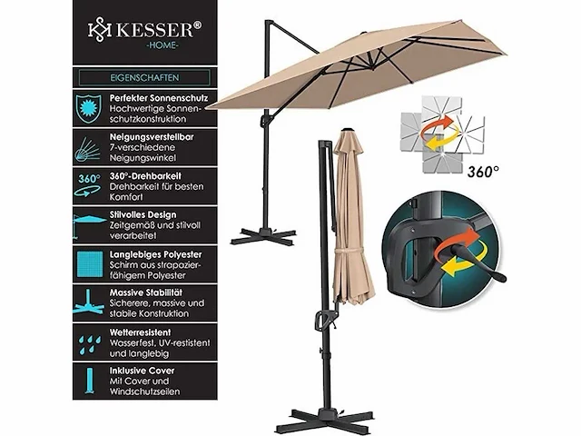Zweefparasol xl 300 x 300 cm incl. draaibare tuinparasol - afbeelding 2 van  7