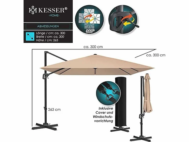 Zweefparasol xl 300 x 300 cm incl. draaibare tuinparasol - afbeelding 7 van  7