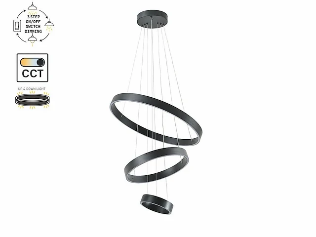 [01200] duora design pendant lamp sand black 20cm&40cm&60cm trio ring 60w led cct 3 colour & 3-step dimming - afbeelding 2 van  6