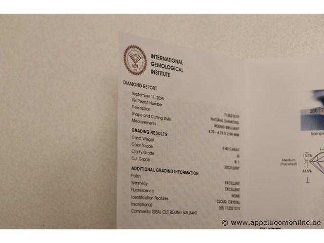 0,4 ct diamand, round brilliant, g si1, vv certificaat - afbeelding 3 van  4