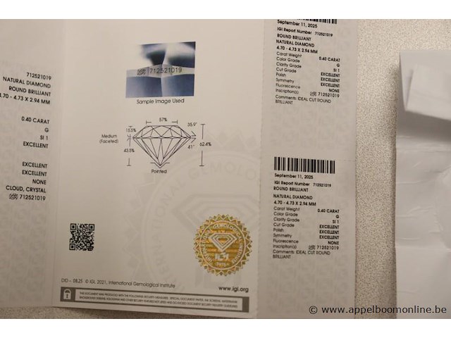 0,4 ct diamand, round brilliant, g si1, vv certificaat - afbeelding 4 van  4