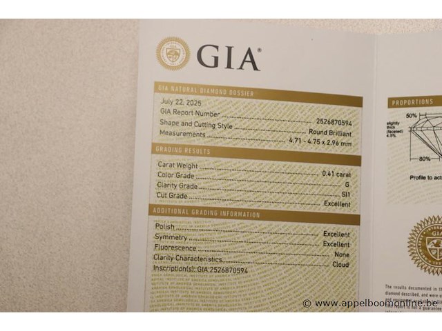 0,41 ct diama,d round brilliant, g si1, vv certificaat - afbeelding 3 van  4