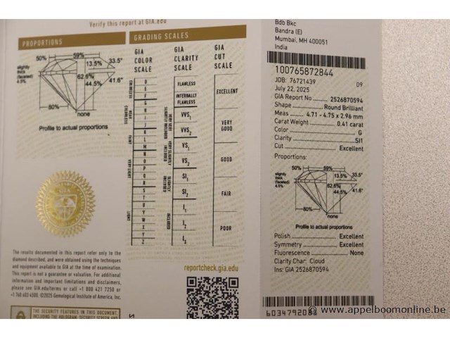 0,41 ct diama,d round brilliant, g si1, vv certificaat - afbeelding 4 van  4