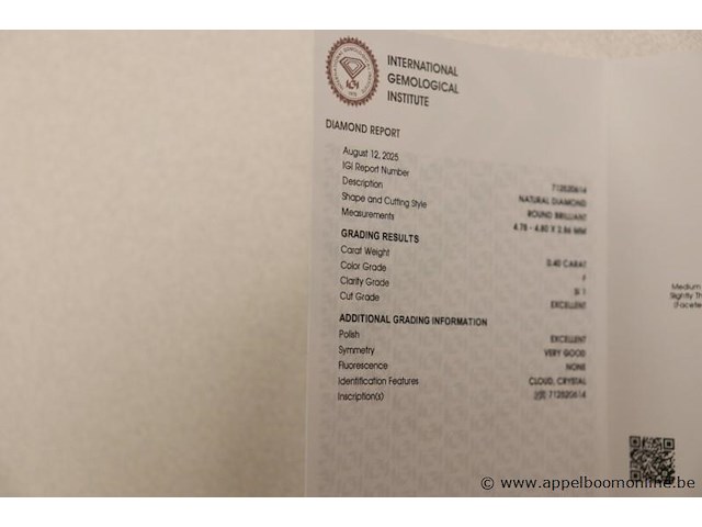 0,4ct diamand round brilliant, f si1, vv certificaat - afbeelding 3 van  4