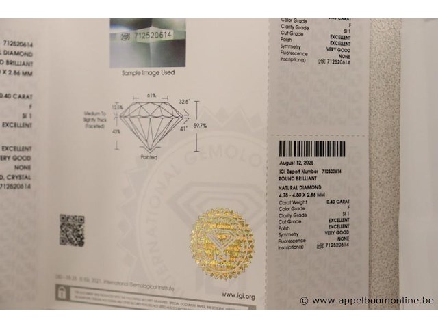 0,4ct diamand round brilliant, f si1, vv certificaat - afbeelding 4 van  4