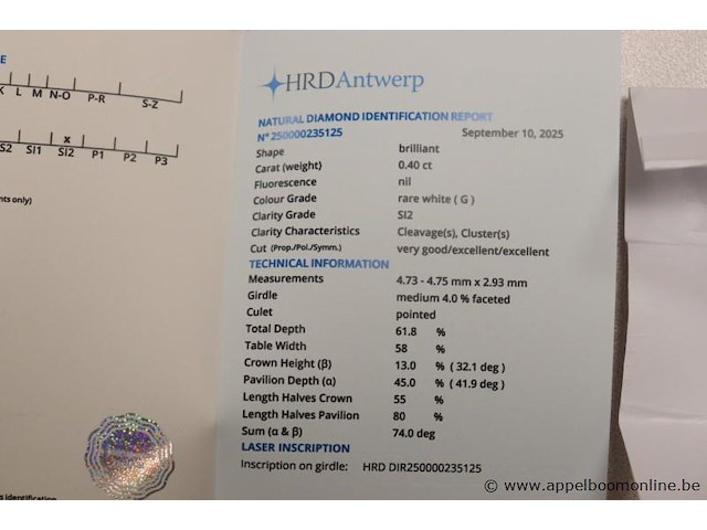 0,4ct diamand round brilliant, g si1, vv certificaat - afbeelding 2 van  2