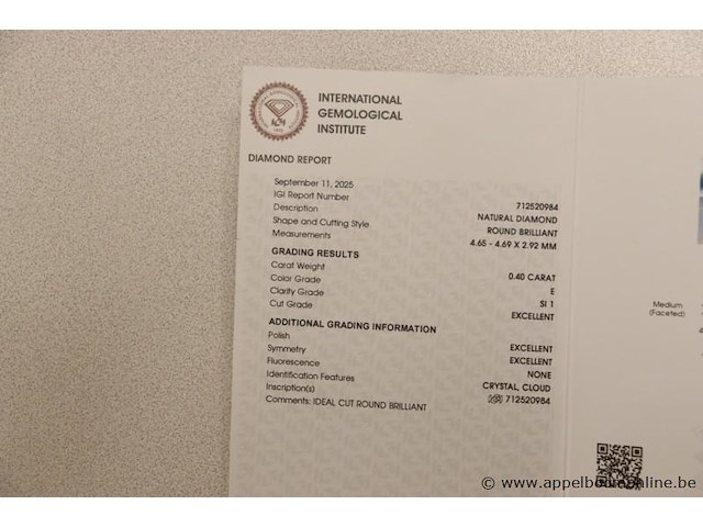 0,4ct diamand round brilliant, g si1, vv certificaat - afbeelding 3 van  5