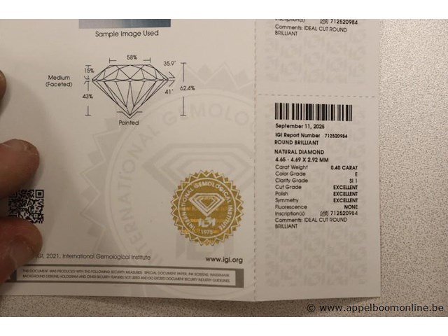 0,4ct diamand round brilliant, g si1, vv certificaat - afbeelding 4 van  5
