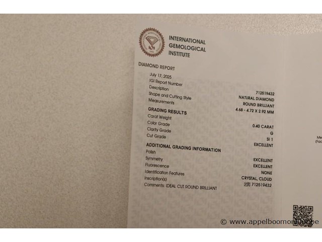 0,4ct diamand round brilliant, g si1, vv certificaat - afbeelding 3 van  4