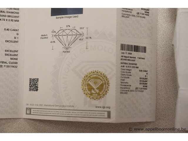 0,4ct diamand round brilliant, g si1, vv certificaat - afbeelding 4 van  4