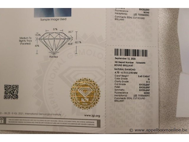 0,4ct diamand round brilliant, g si1, vv certificaat - afbeelding 4 van  4