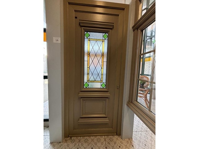 1 pvc voordeur met houtstructuur en glazen paneel frager - afbeelding 1 van  7